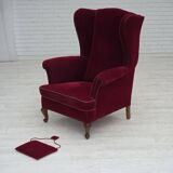 1960s, Danish highback wingback armchair, cherry-red furniture velour.
