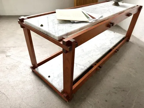 Italian modernist shelf in teak and Carrara marble, 1950s