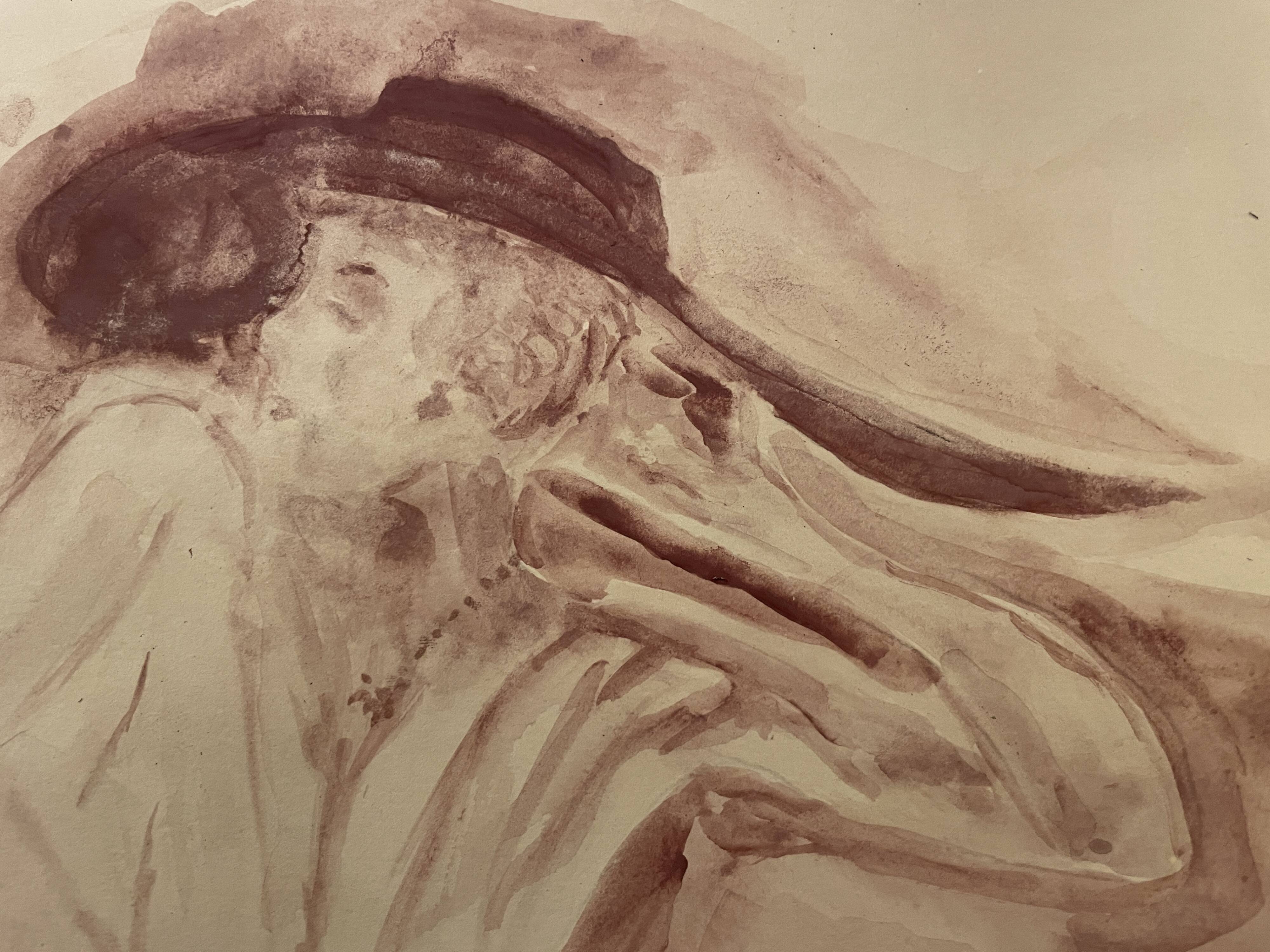 Signed painting monochrome watercolor caput mortum female portrait "Belle époque"