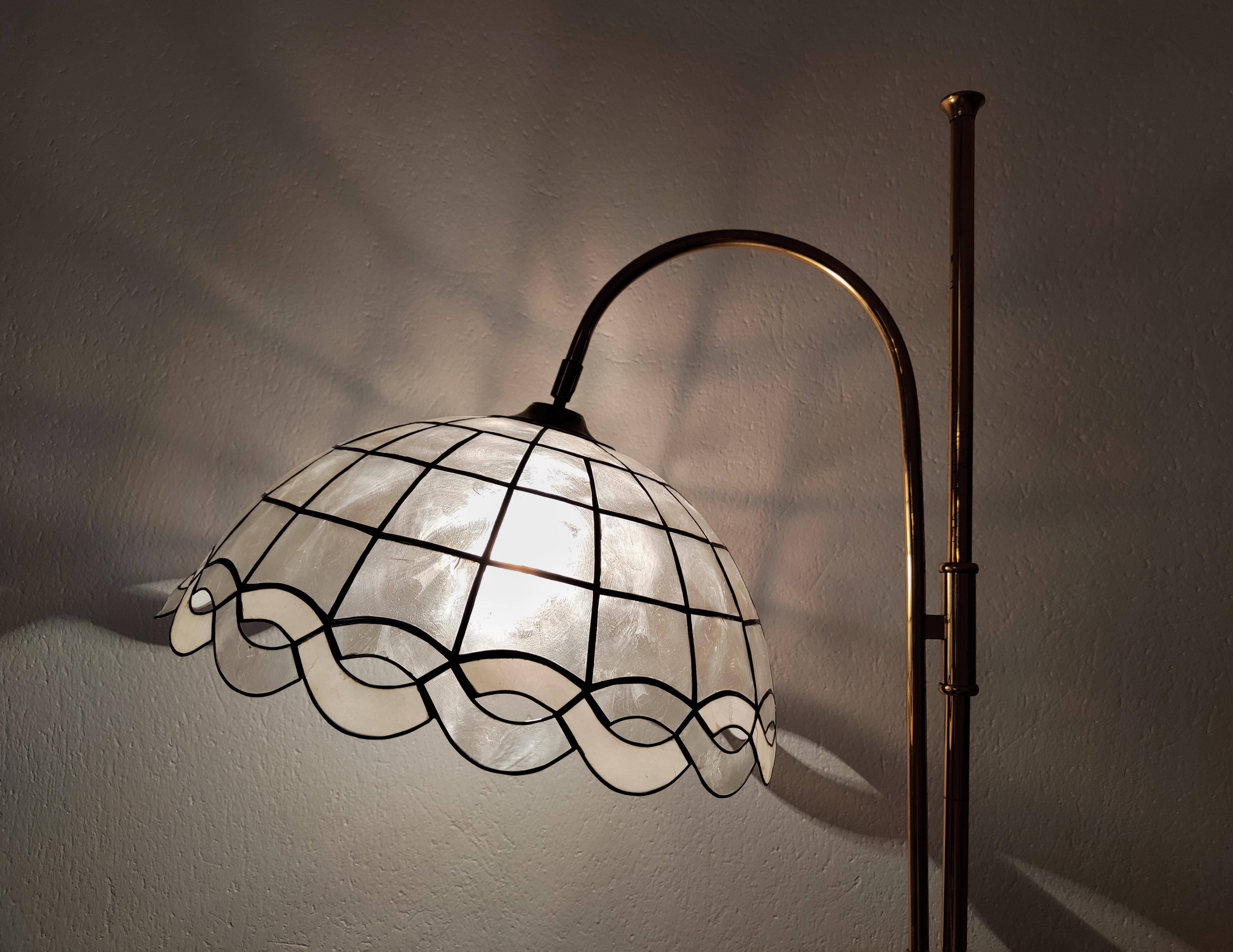 Mid Century Modern brass floor lamp with Capiz shell shade 1970s