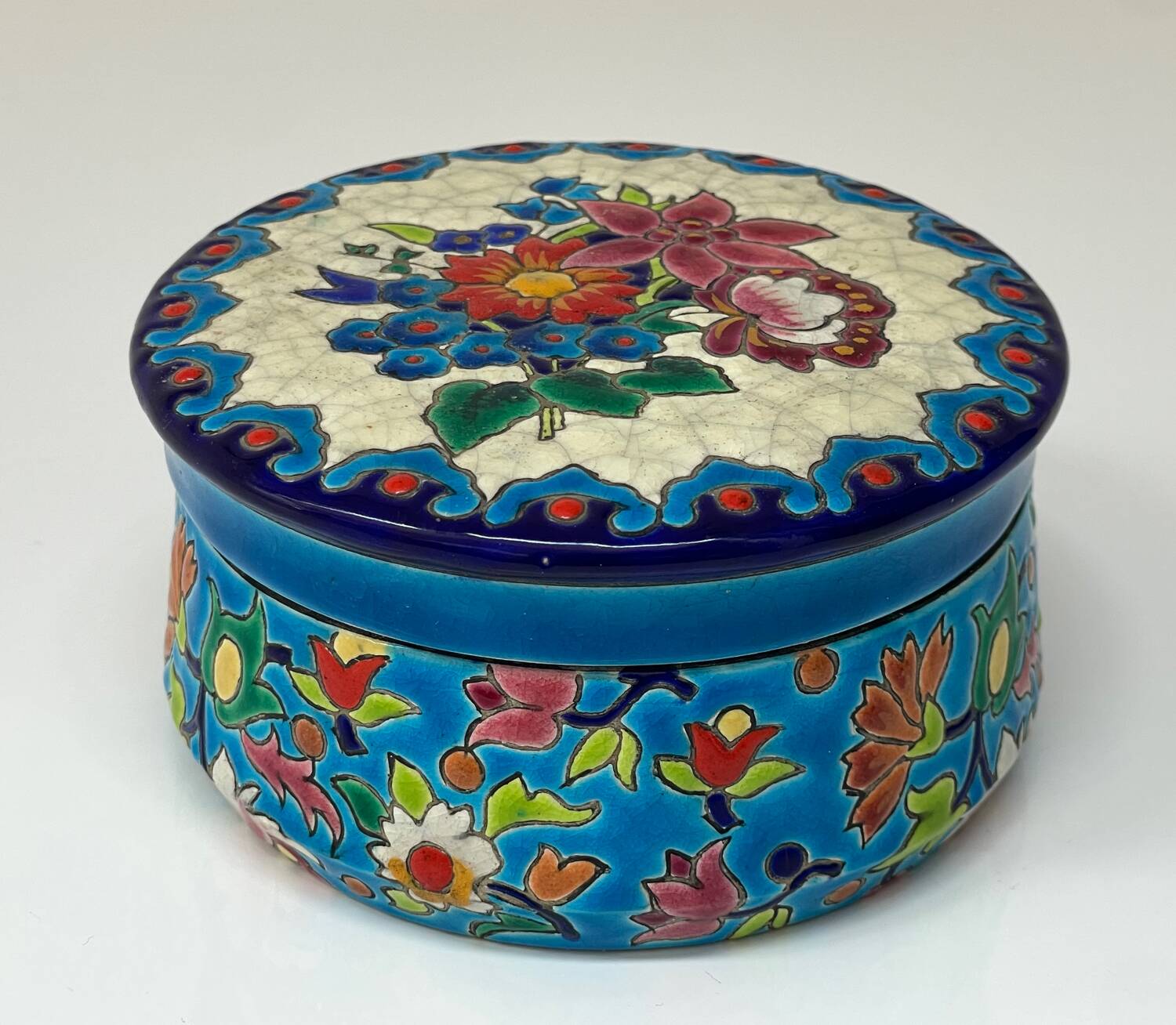 Enamelled faience jewellery box Longwy floral decoration