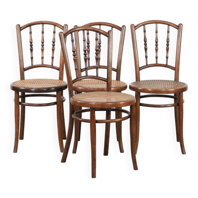 Ensemble de 4 chaises de bistro vintage Jacob & Josef Kohn Vienne avec assise en osier