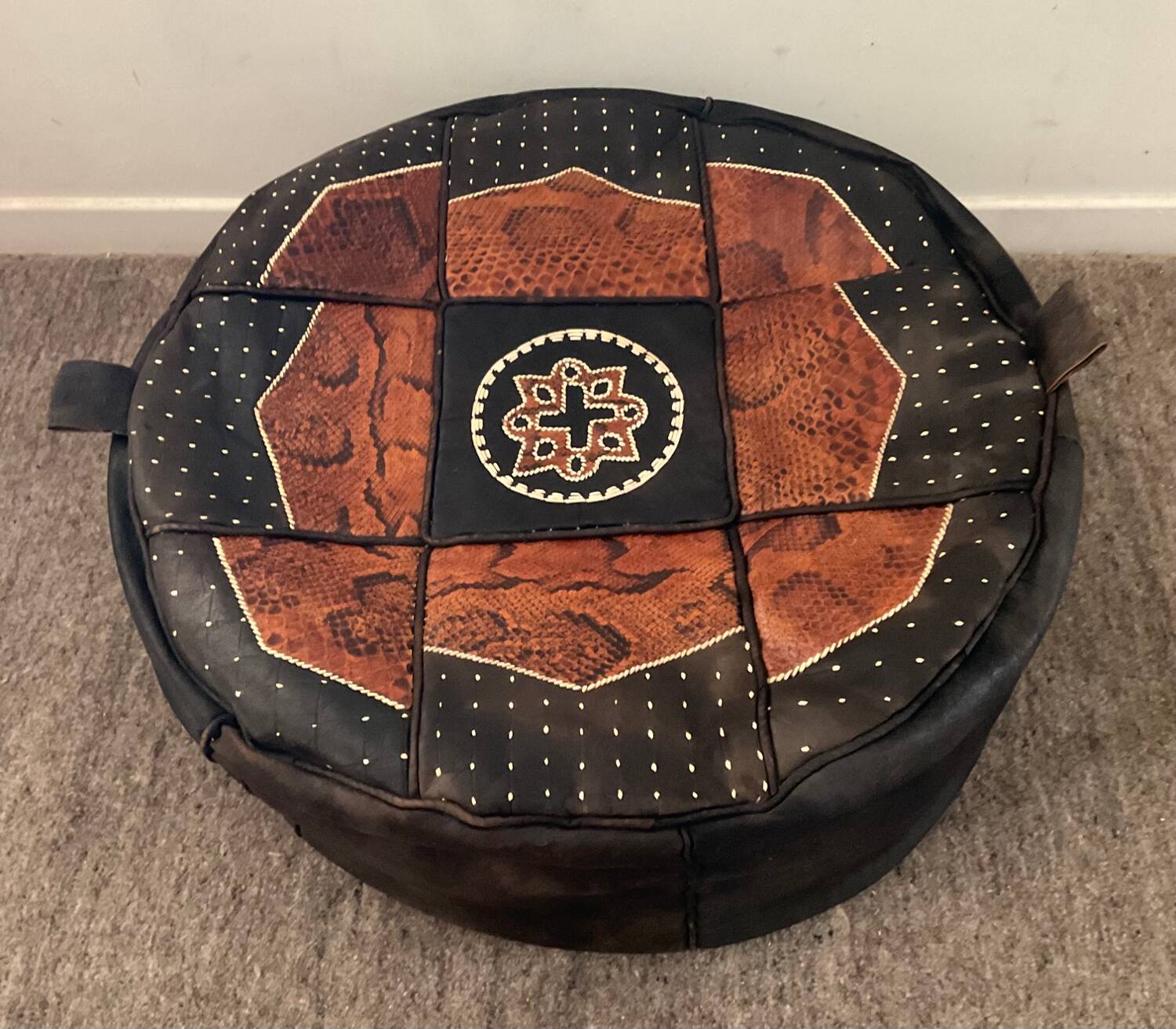 Vintage leather and snakeskin pouf