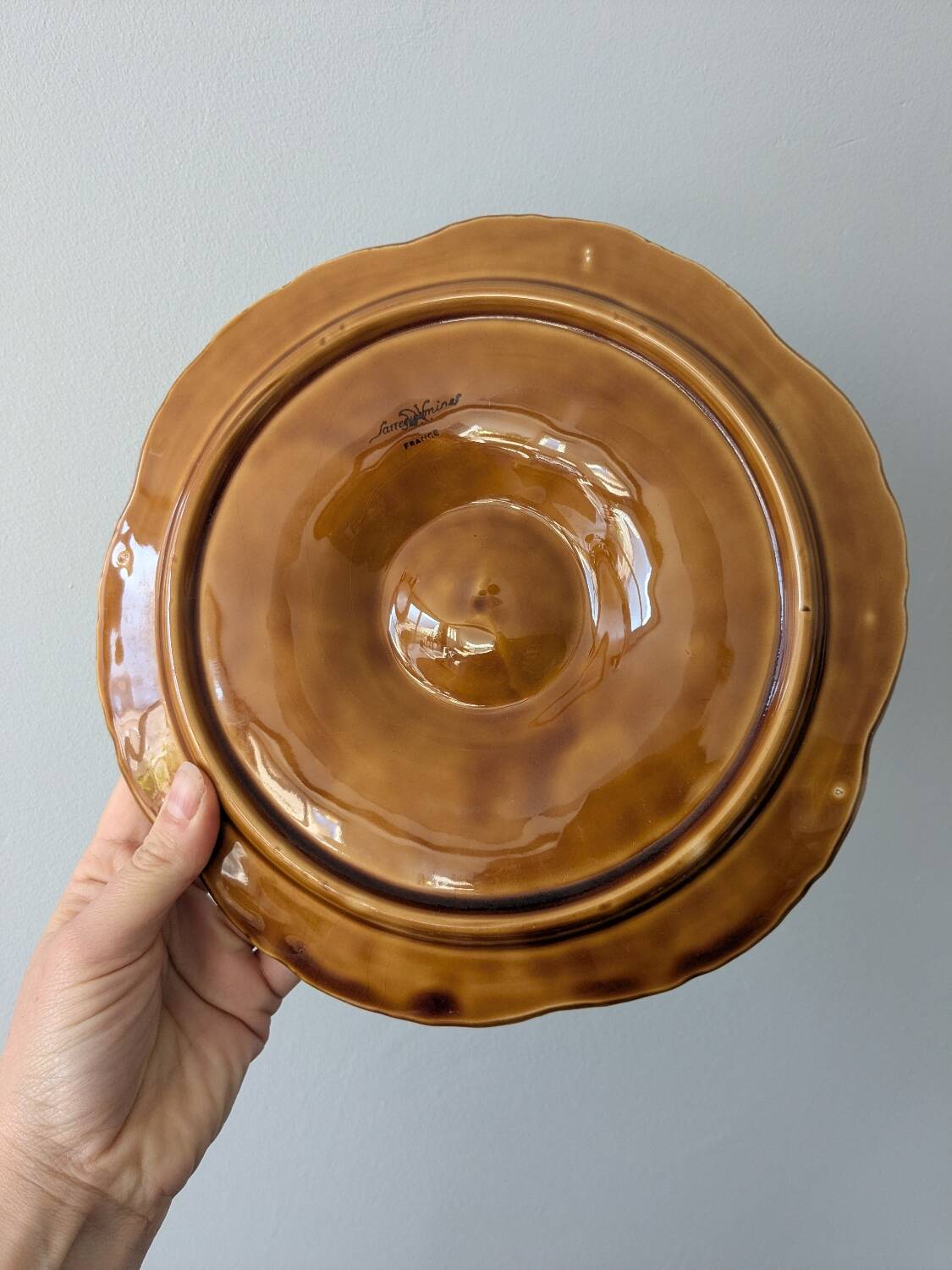 Set of 3 vintage brown Sarreguemines majolica oyster plates.