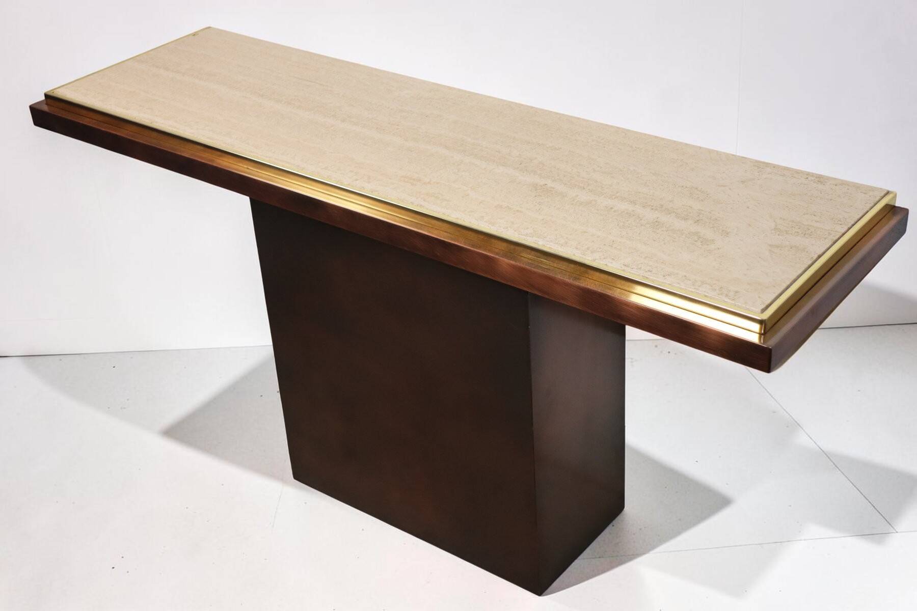 Minimalist console in travertine and patinated metal — 1970s