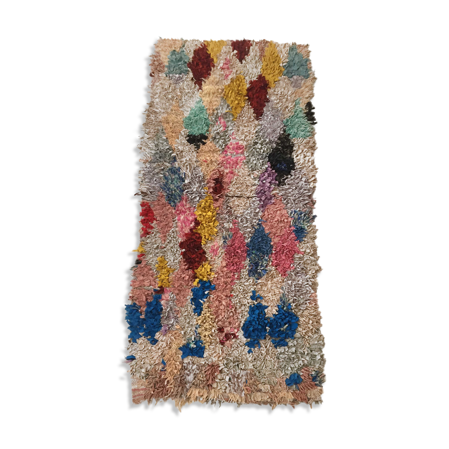 Moroccan Berber carpet Boucherouite with colored diamonds 242x110cm