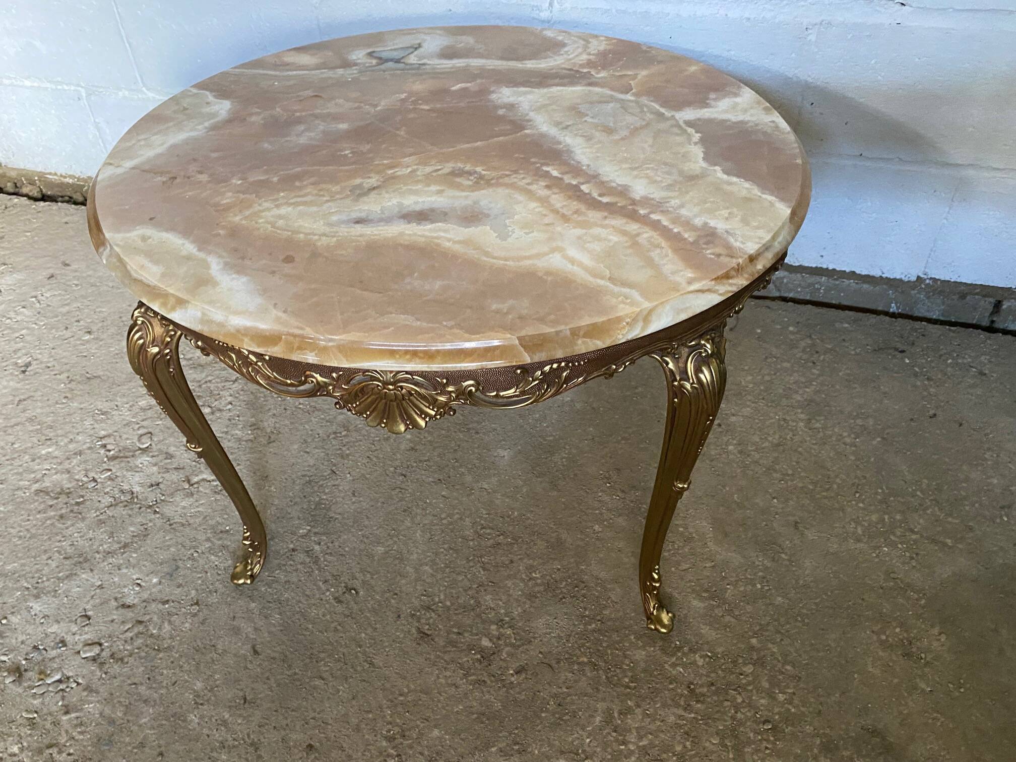 Vintage 1950s round onyx coffee table with brass base