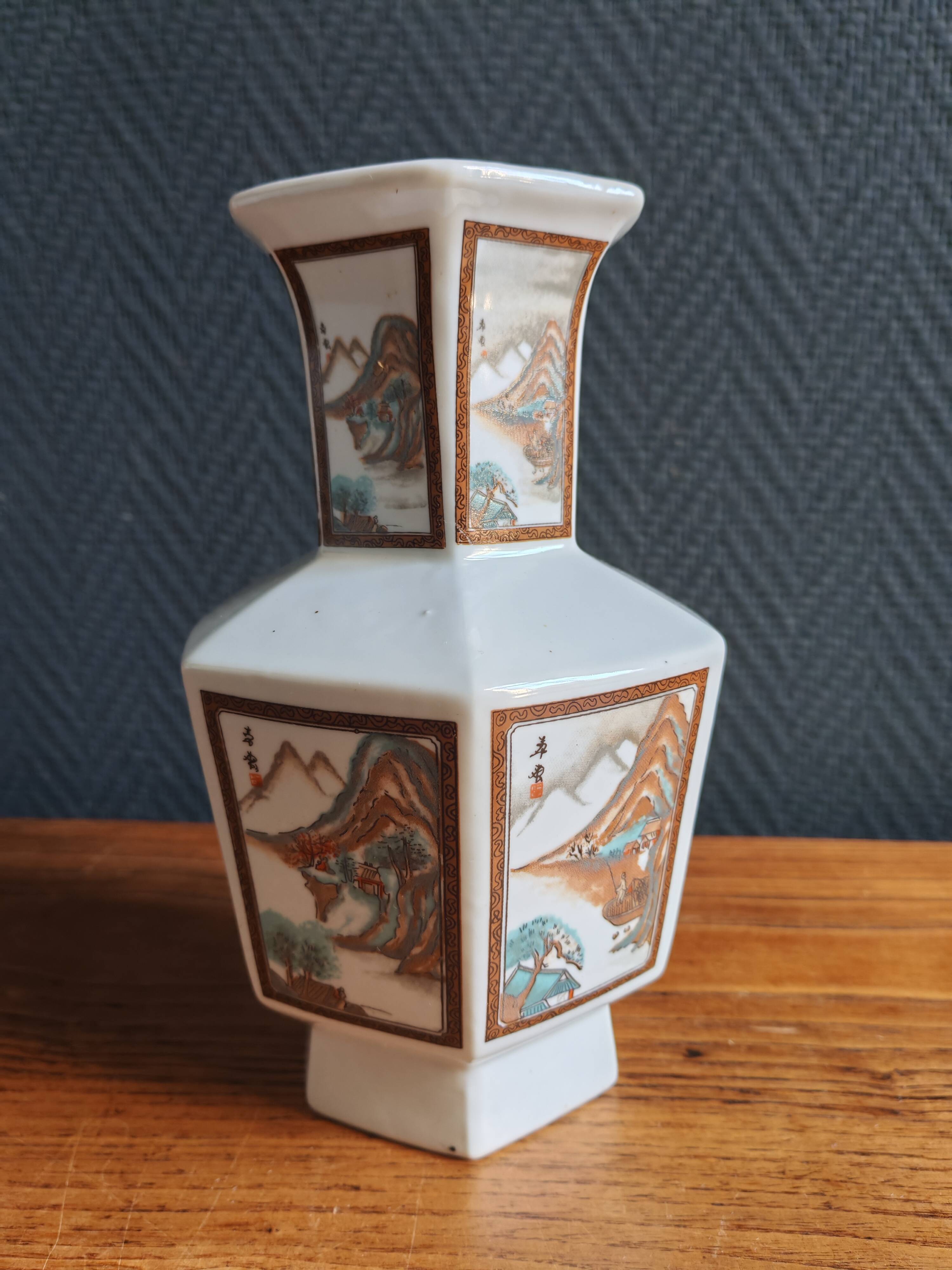 Vintage Hexagonal Japanese Porcelain Vase – Landscape Decoration