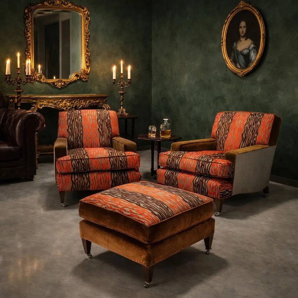 Pair of antique armchairs with velvet and fabric poufs, Italy, 20th century