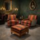 Pair of antique armchairs with velvet and fabric poufs, Italy, 20th century