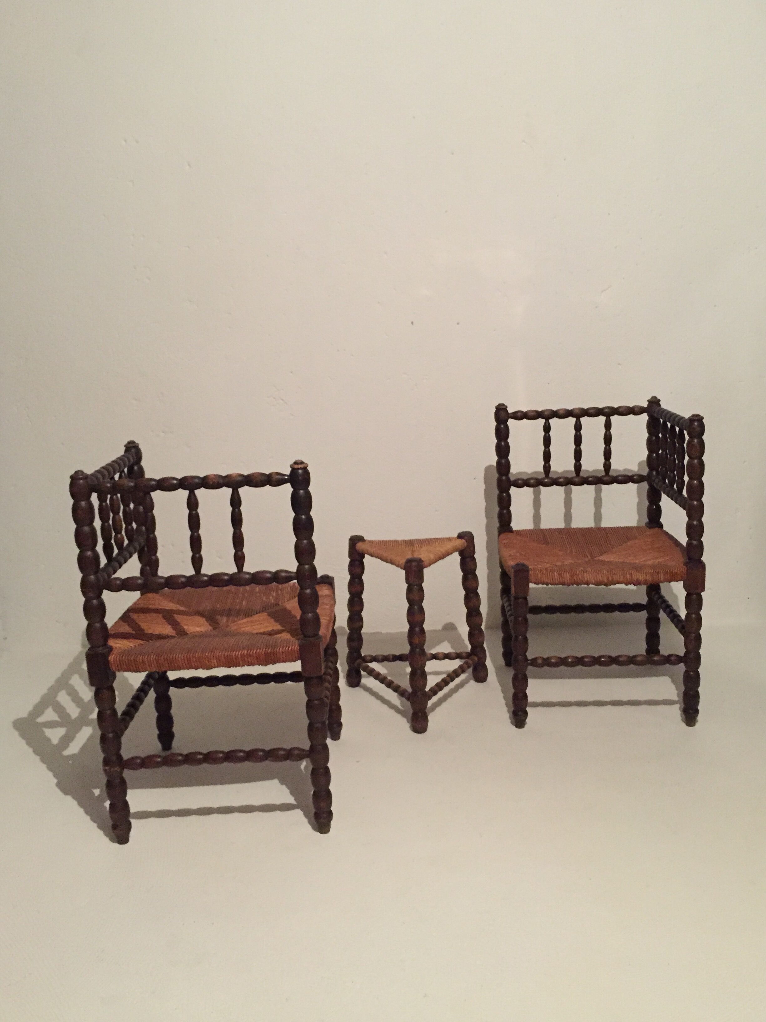 French armchair chairs and tripod stool