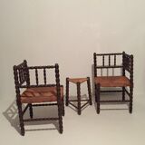 French armchair chairs and tripod stool