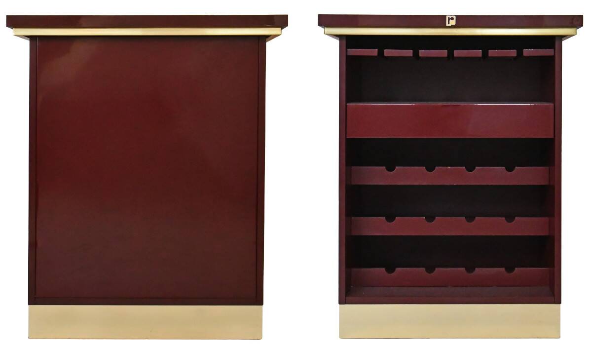 Burgundy lacquered wooden bar cabinet by designer Paco Rabanne.