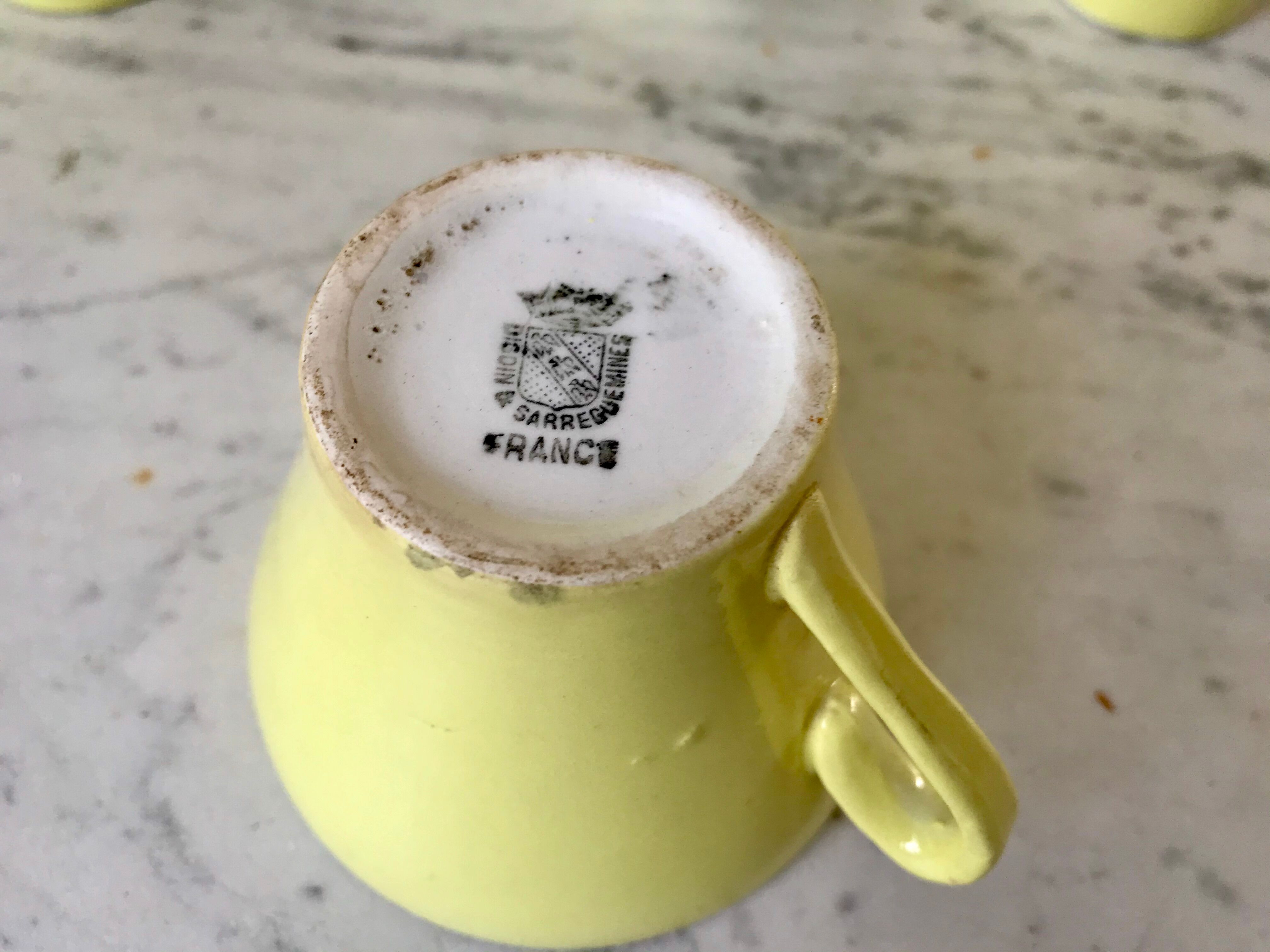 set of 10 coffee cups Digoin Sarreguemines pastel yellow color 50s