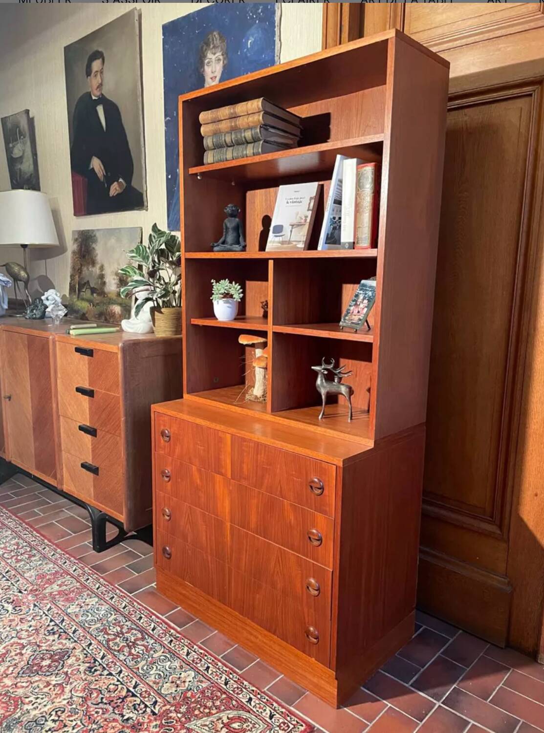 Vintage teak bookcase chest of drawers