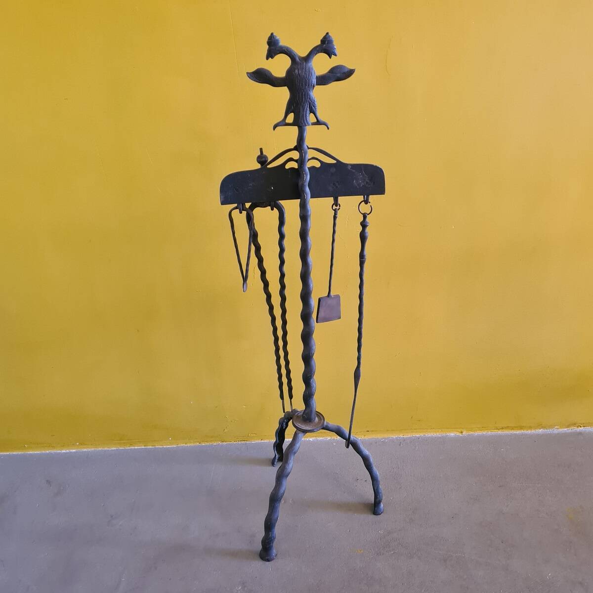 Dutch Brass Fireplace Set With Double Eagle Head, Late 19th Century