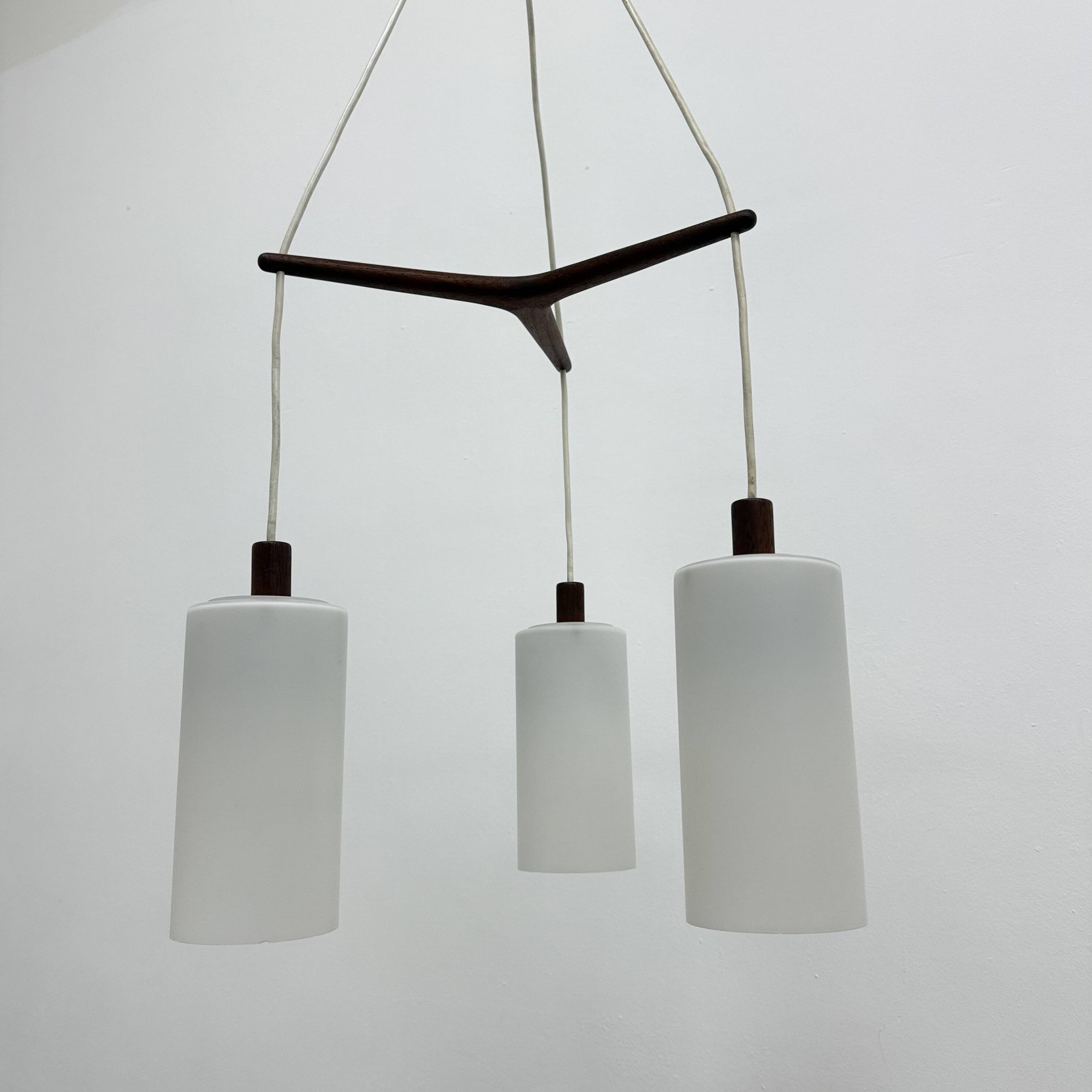 Mid-century design pendant lamp teak and opaline glass, 1970s