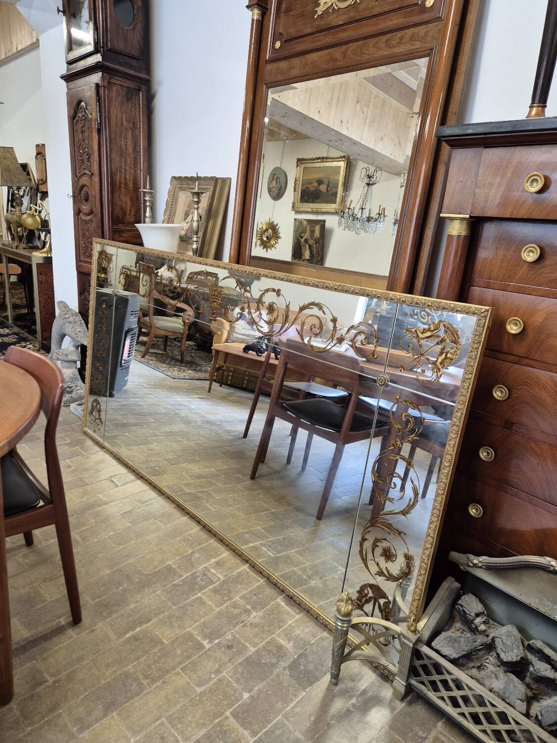 Antique gilded Venetian brasserie mirror in eglomised glass