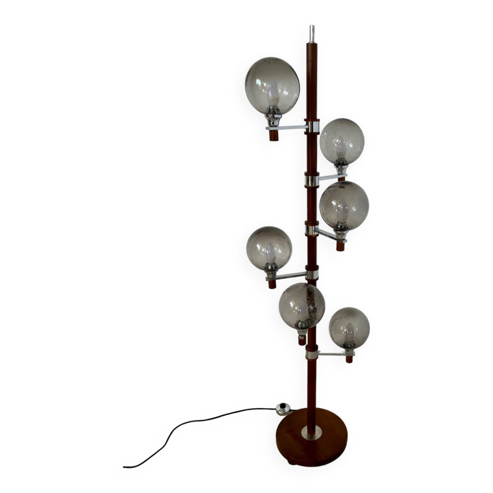 Old Scandinavian design wooden floor lamp from the 60s with 6 vintage lights