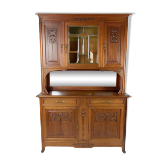 Art Nouveau 2-body sideboard in carved walnut with stained glass and mirror, circa 1910