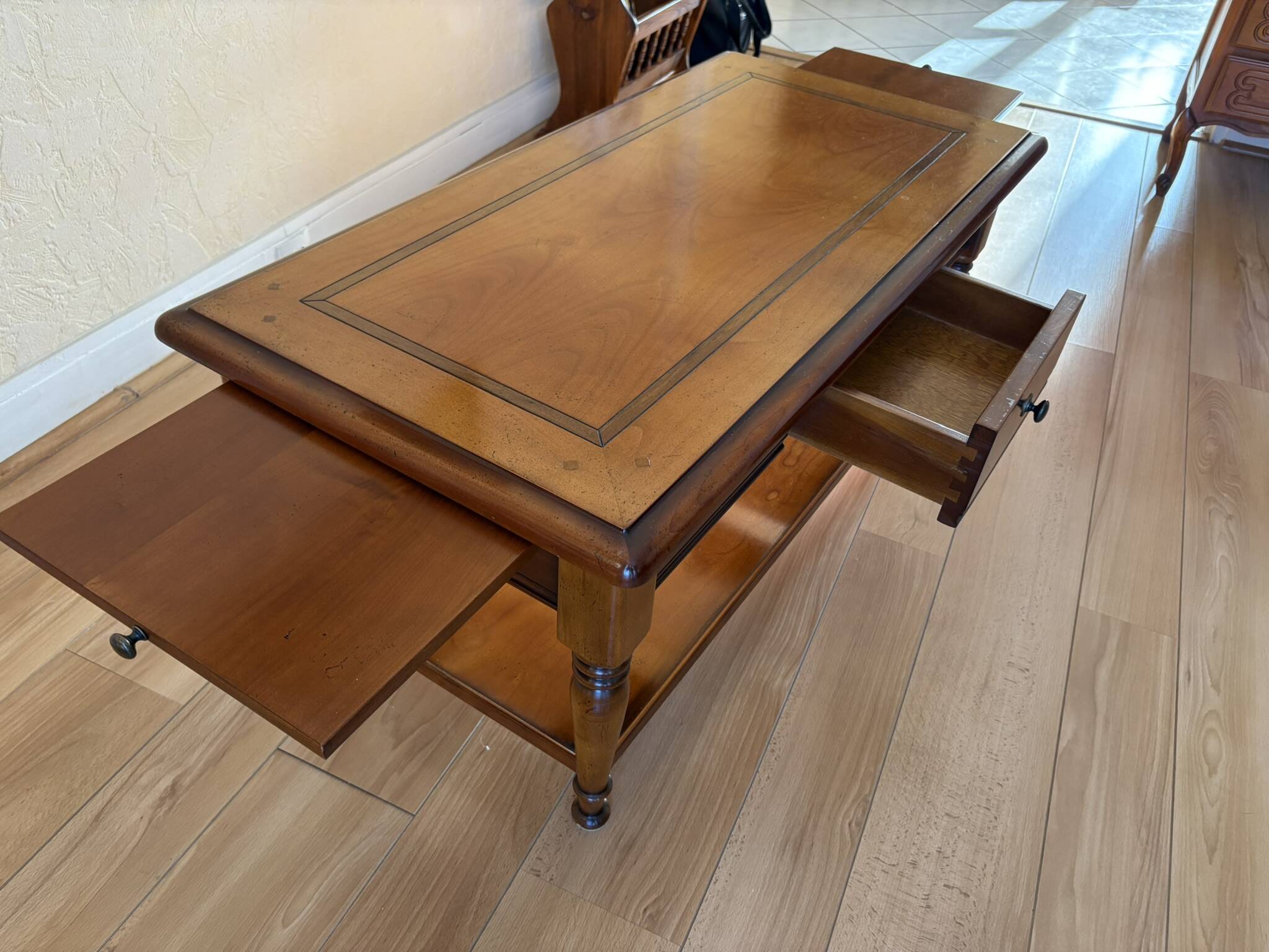 Vintage wooden coffee table with drawer and shelves