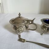 Ancien Saleron et Moutardier en Métal Argenté et Verre Bleu