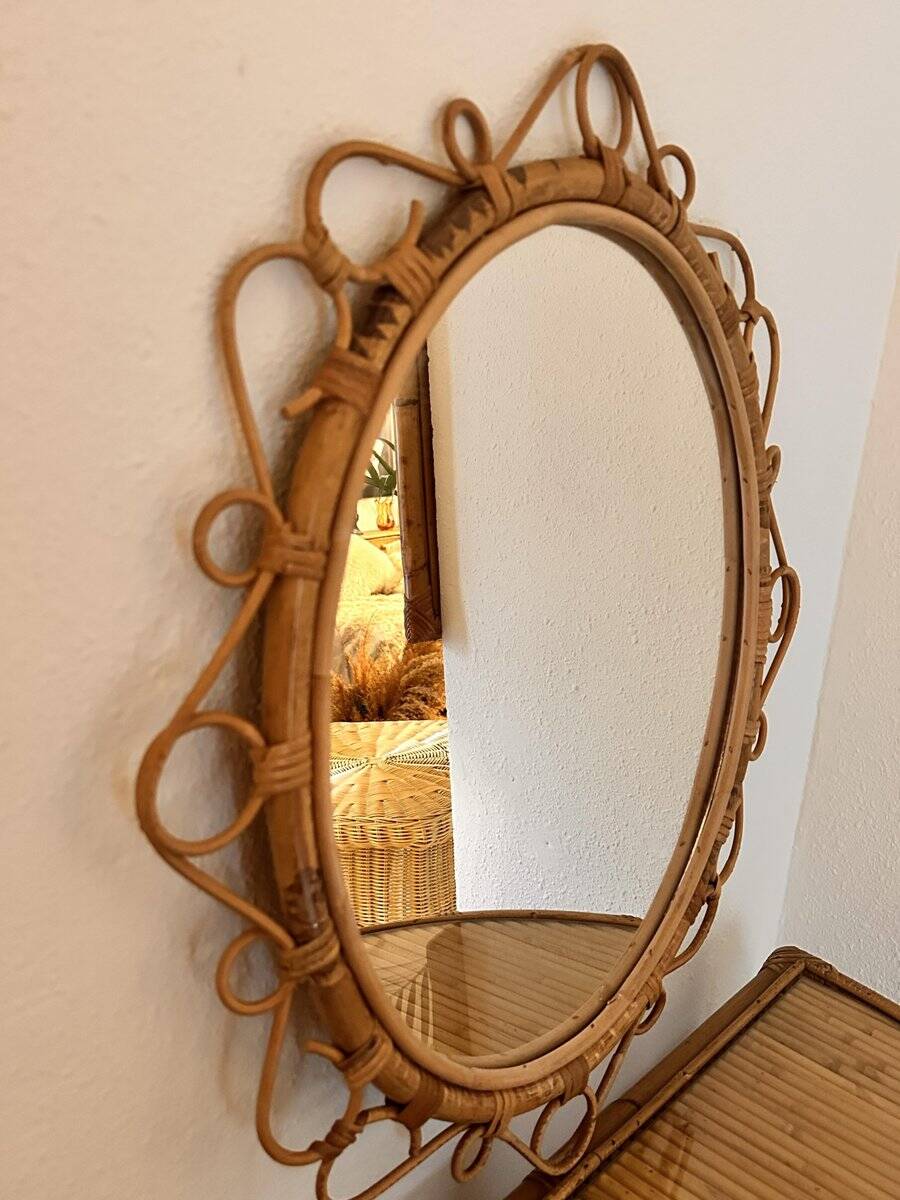 French circular sun-shaped mirror in rattan with knots, 1950s.