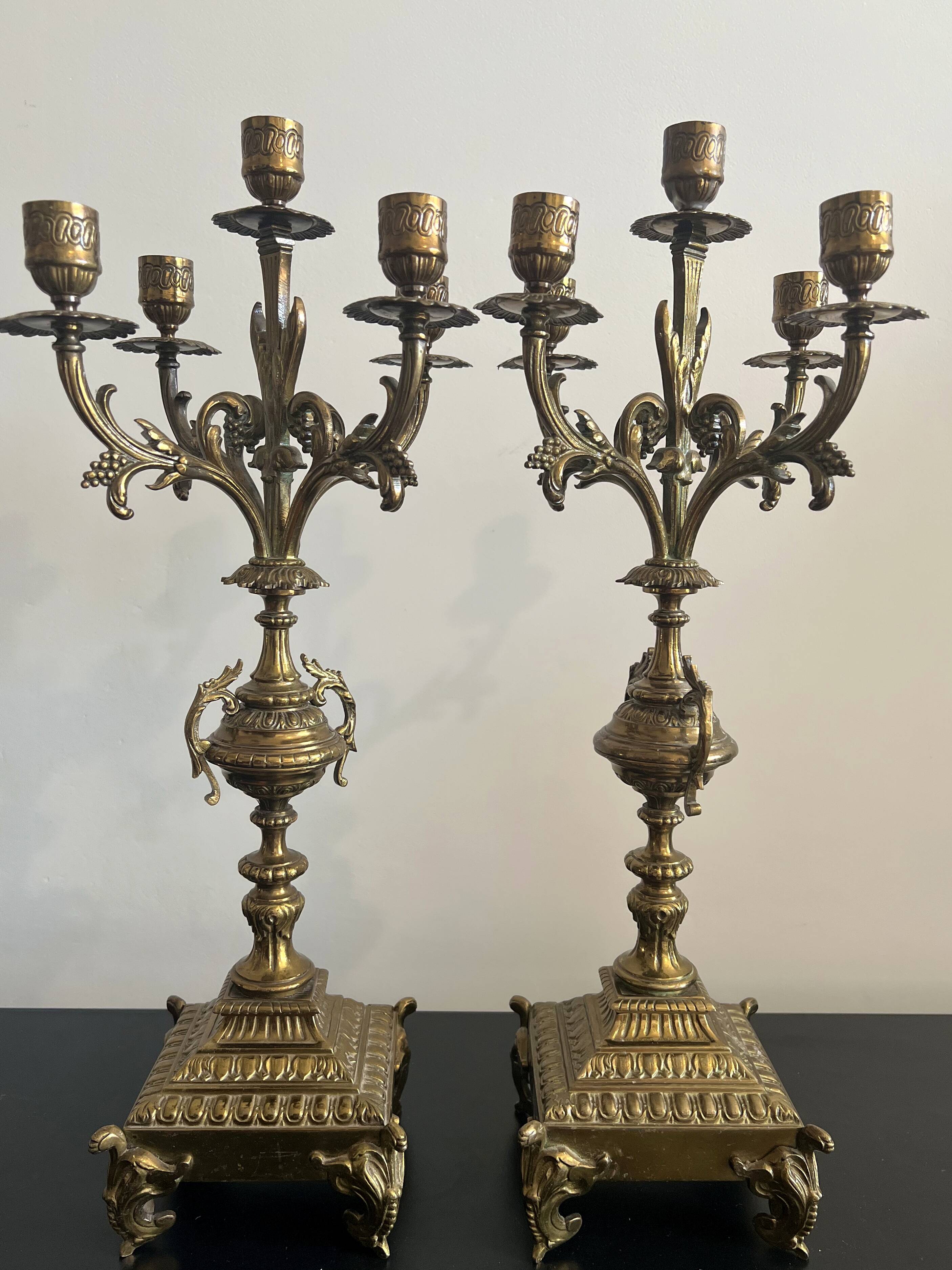 Pair of five-light gilded bronze candelabras, Napoleon III, 19th century.