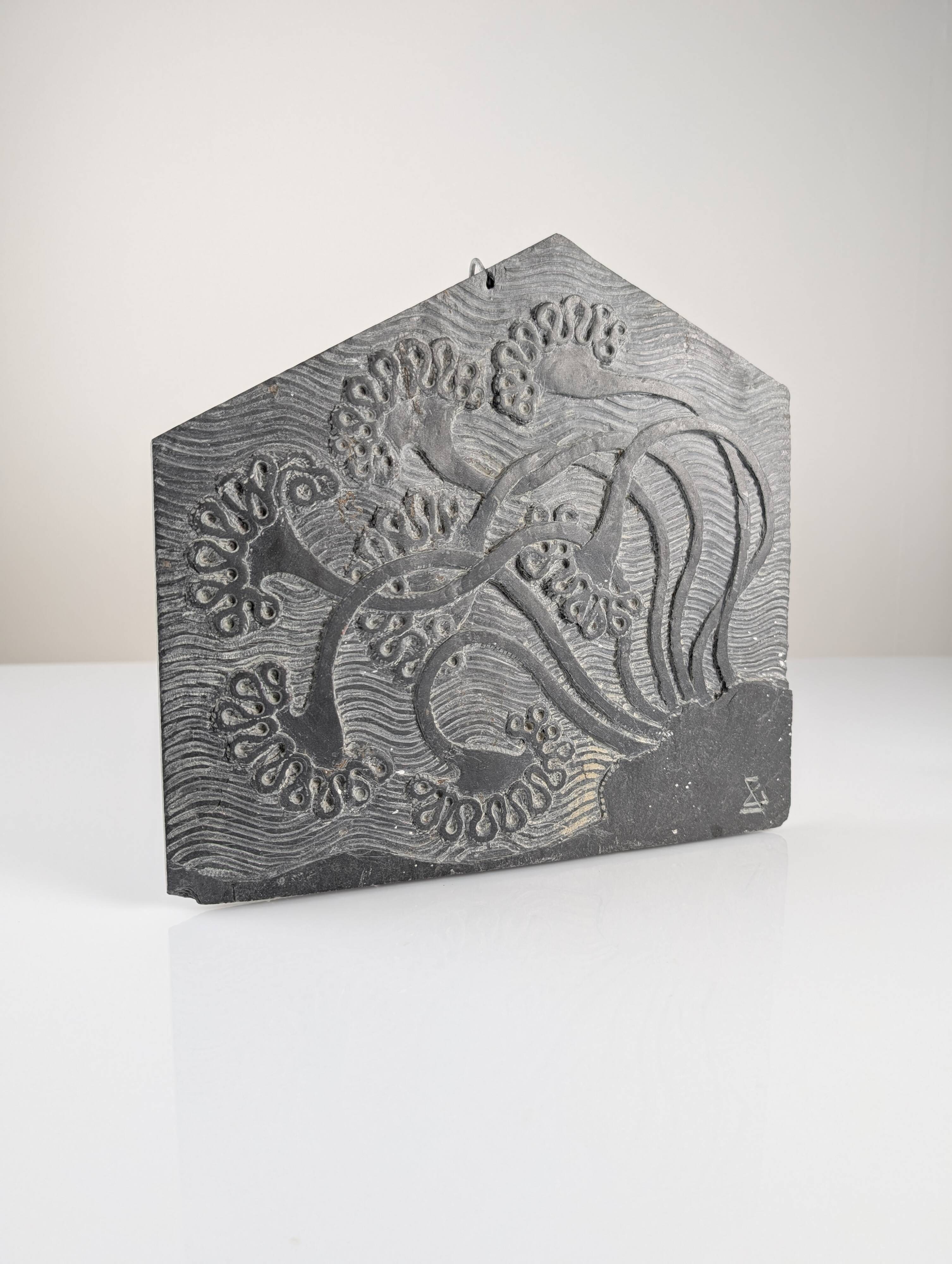 Slate Bas-Relief with Floral Motifs, Signed, 1970s