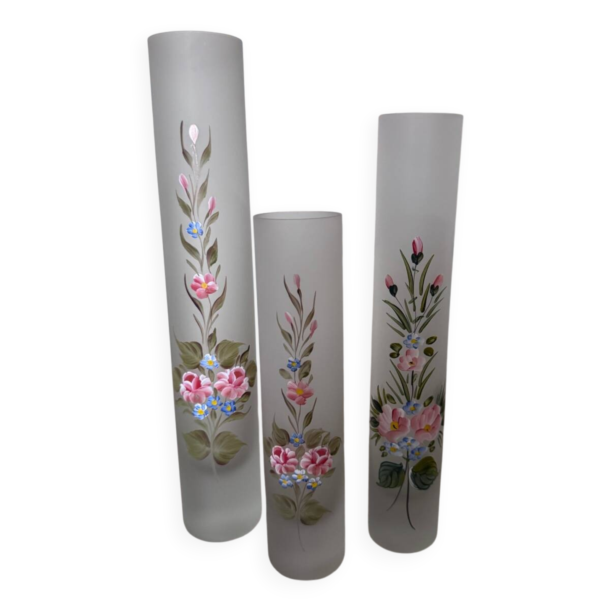 Set of 3 Hand Painted Frosted Glass Vases - Vintage Floral Style