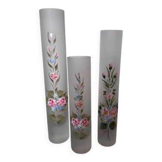 Set of 3 Hand Painted Frosted Glass Vases - Vintage Floral Style