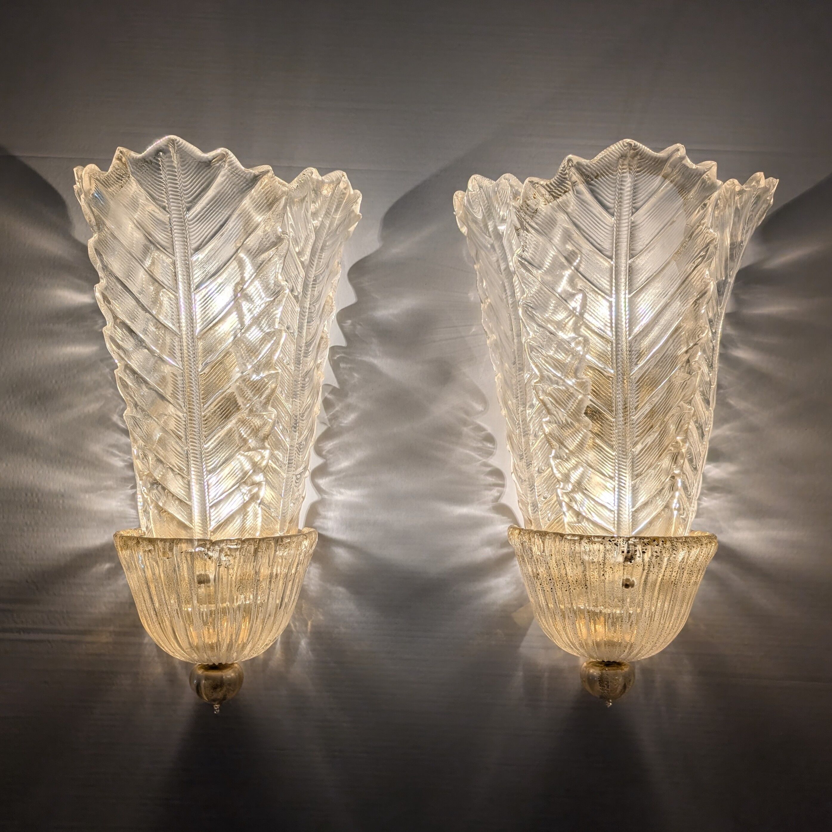 Paire de grands appliques murales Barovier & Toso Foglia d’Oro, années 1980.