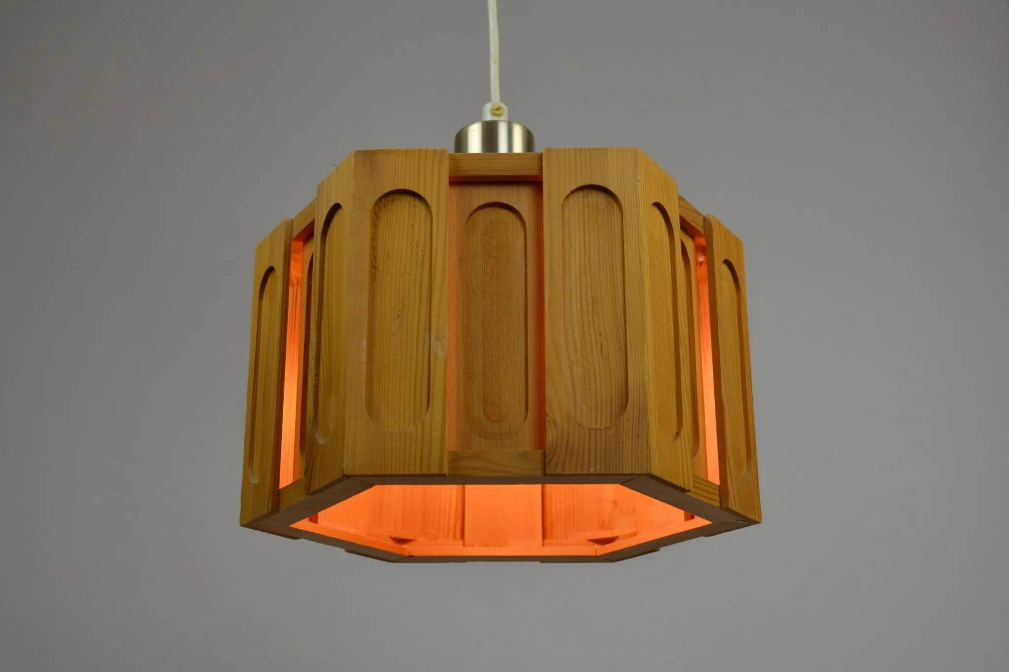 Hexagonal Architectural Pine Pendant Lamp, Sweden, 1970s