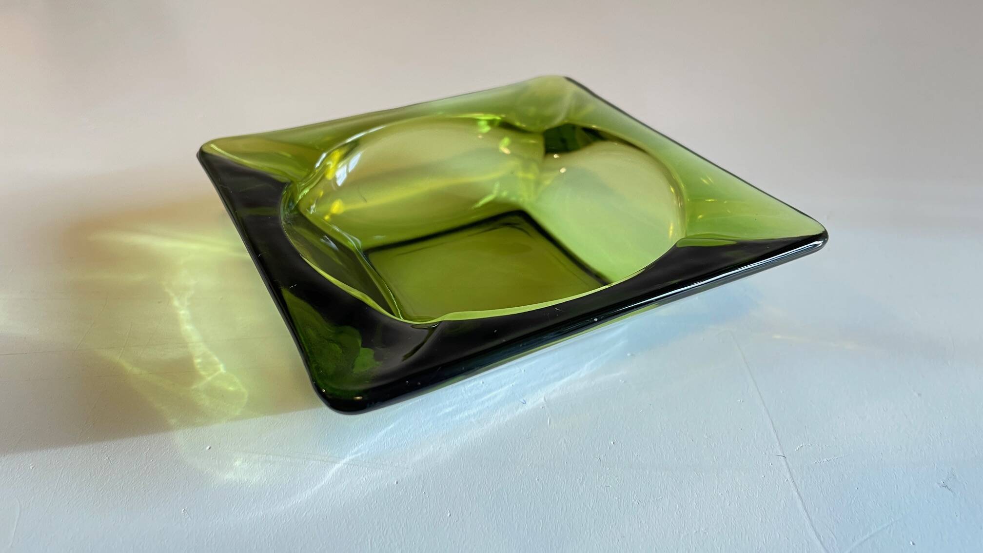 Geometric Glass Ashtray Vintage Green