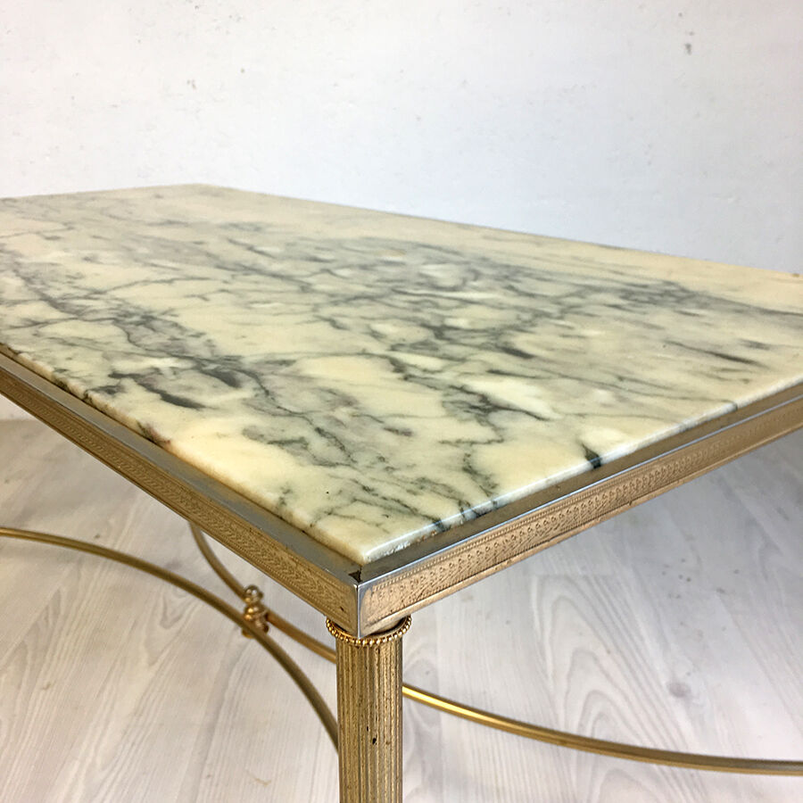 Table low vintage 70's Golden brass and black veined white marble