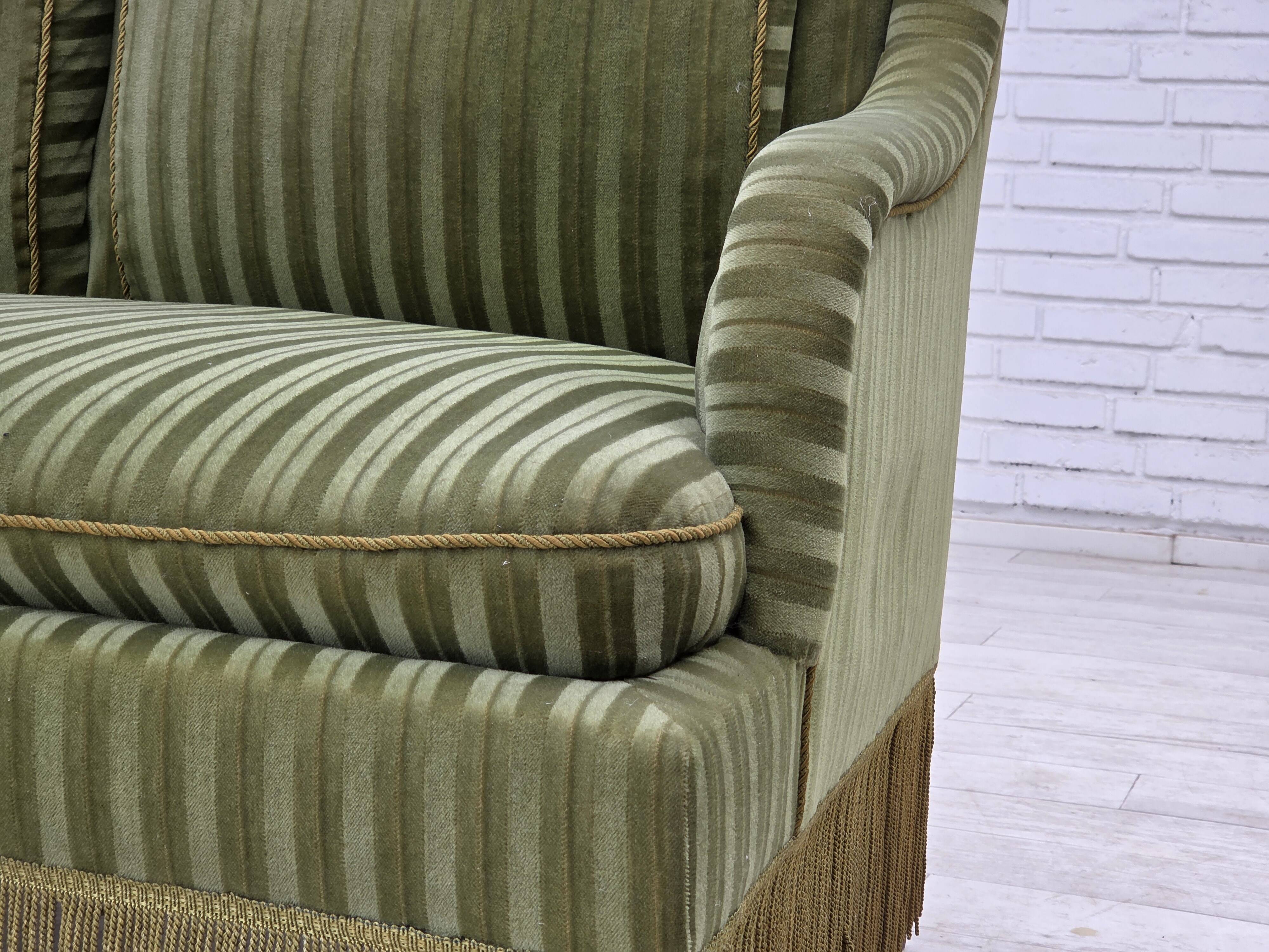 1950s, Danish 2-seater sofa, green furniture velour, beech wood.