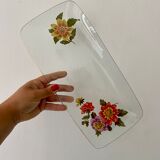 Plat à cake vintage en verre dessins de fleurs