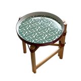 Vintage Coffee Table with Removable Medieval-Style Painted Blue Porcelain Tray, Solid Wood Base