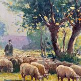 Hst painting "shepherd and sheep near the pond" signed a. disert impressionism