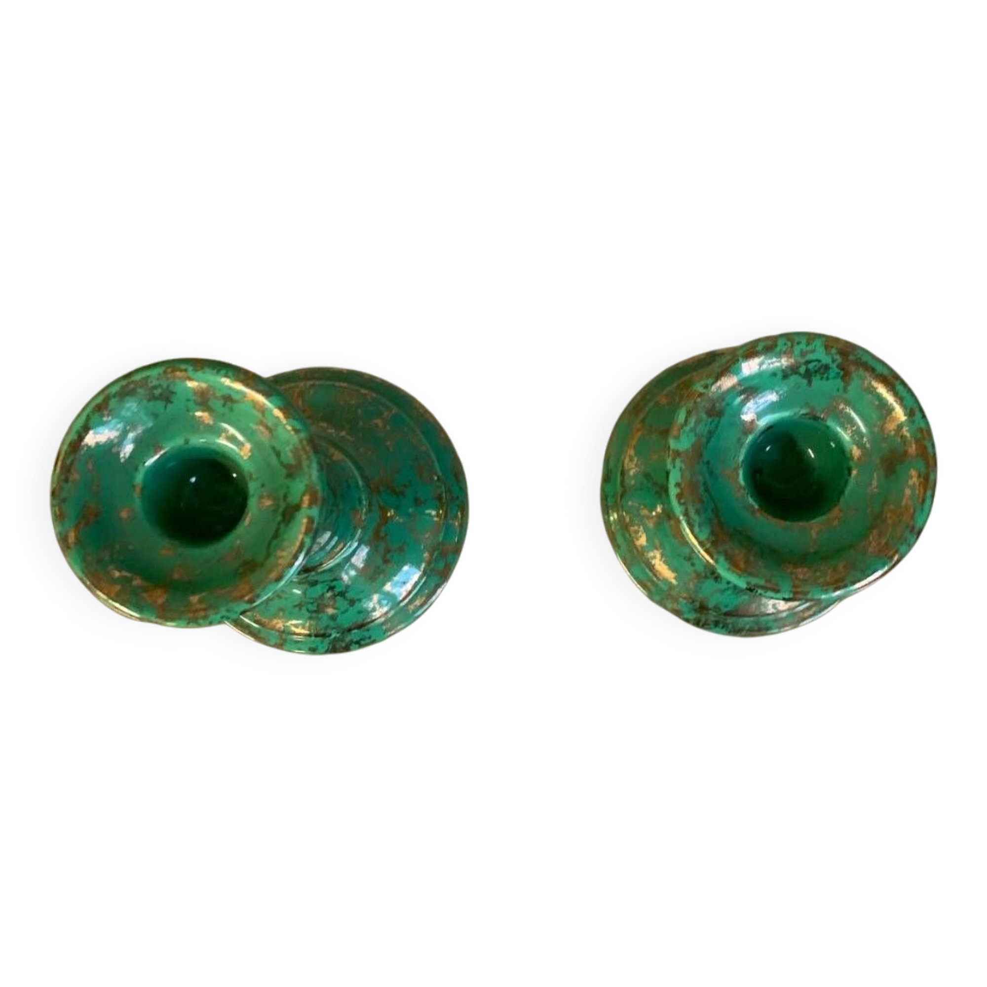 Duo of green-gold enameled ceramic candle holders, Western Germany, Waechtersbach, 1970s