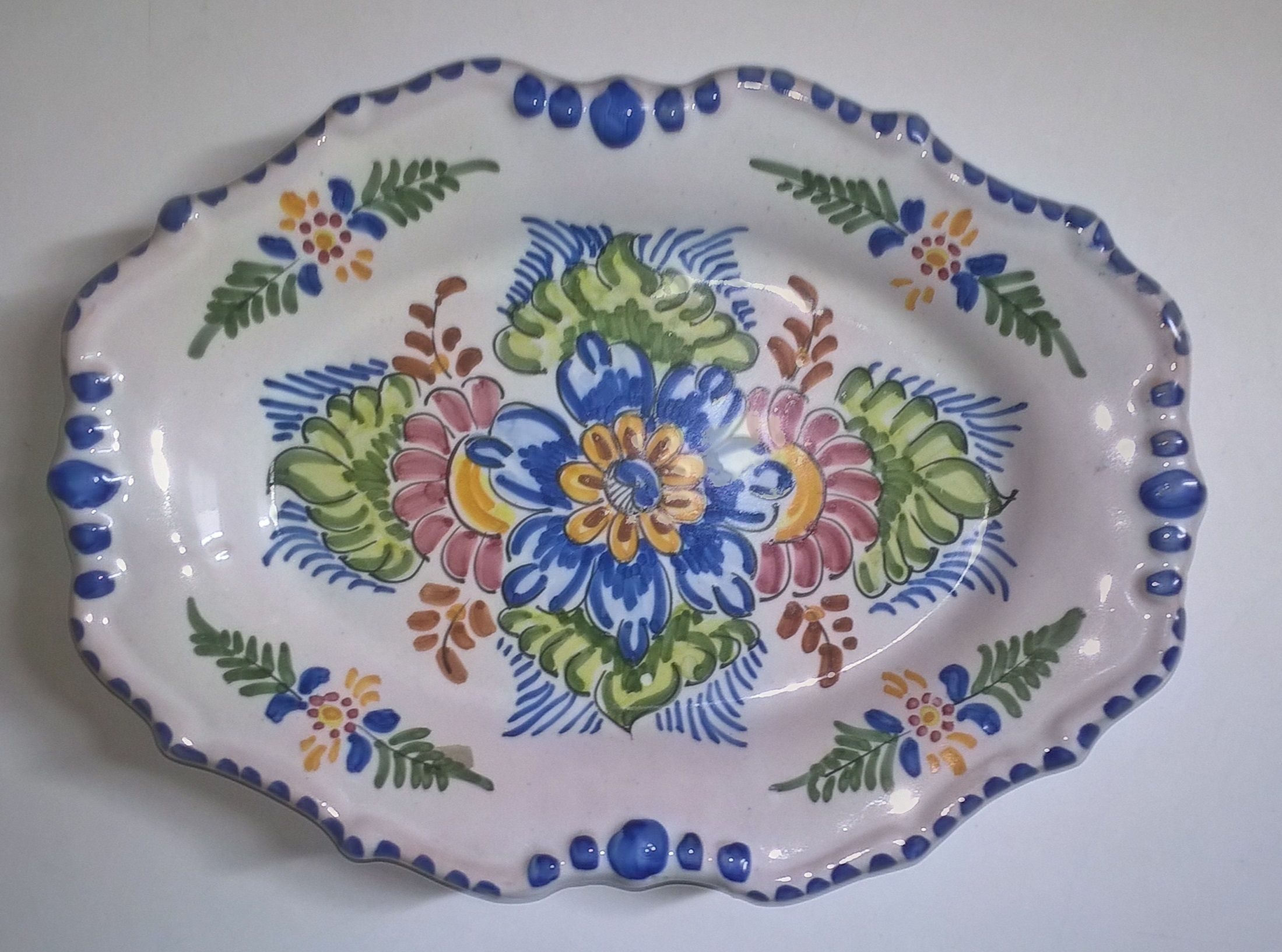 Old oval wall plate handmade and signed vintage floral decor