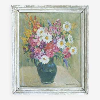 Grand tableau huile toile signé hst nature morte fleur bouquet