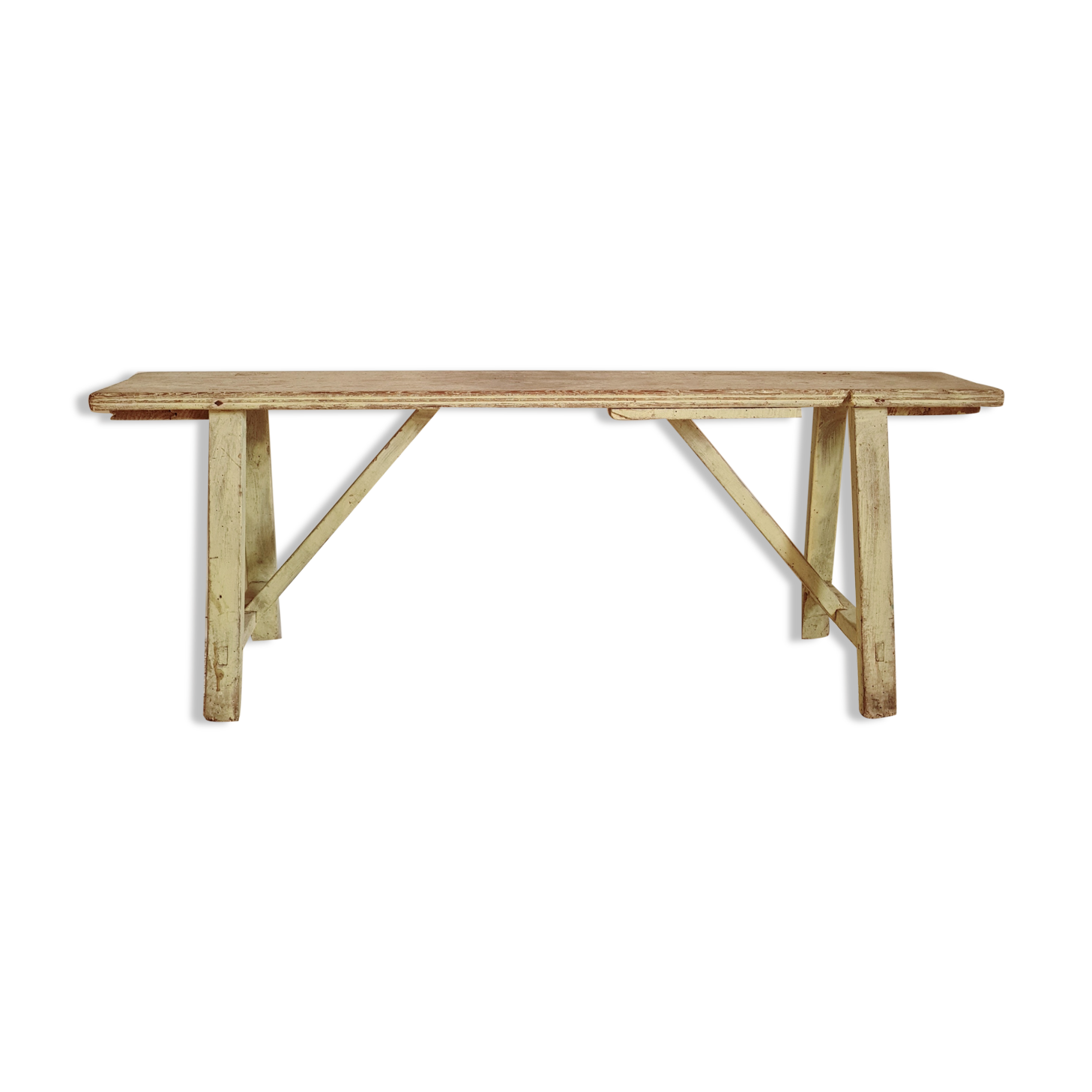 Banc de ferme ancien patine vert d'eau