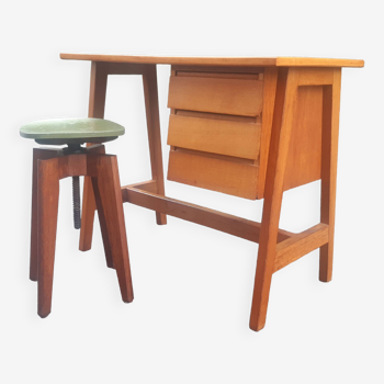 50s golden oak desk and stool