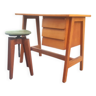 50s golden oak desk and stool