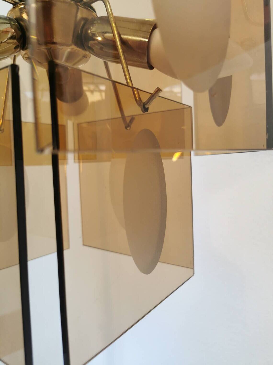 Mid Century Vistosi Smoked Glass Chandelier - Italian Pendant Light