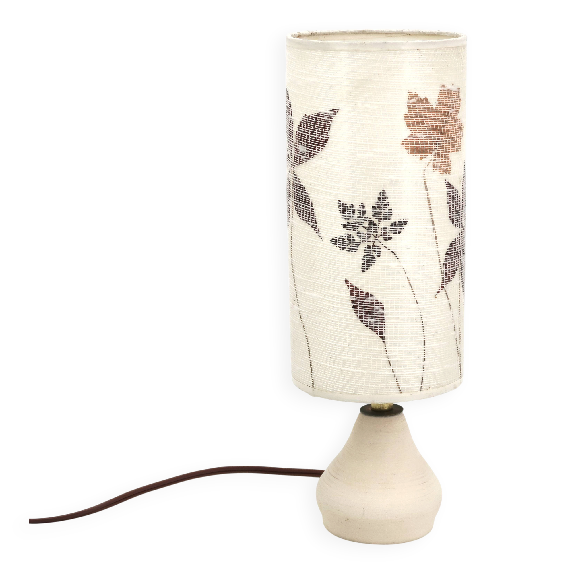 White ceramic lamp, herbarium-style lampshade, 1960s.