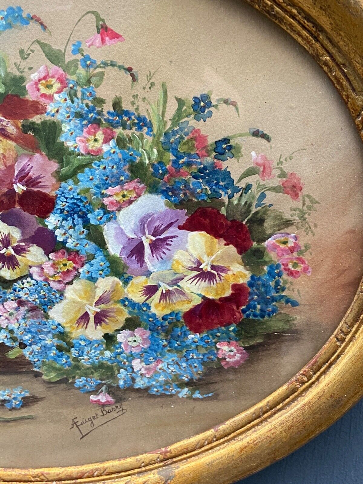 Watercolor on paper bouquet of flowers by a euget-barry xxe frame dore