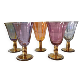 5 antique multicoloured and gold footed liqueur glasses