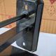Pretty iron and glass lantern In very good condition black iron color of yellow glass relief circ